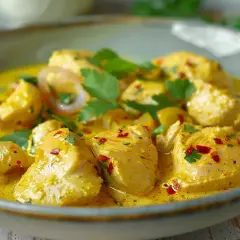 En närbild av en krämig kyckling curry med bitar av kyckling, lökringar och färsk koriander. Kryddig och aptitretande.