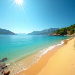 Plaża z turkusową wodą, piaszczystym brzegiem i zielonymi wzgórzami w tle.
