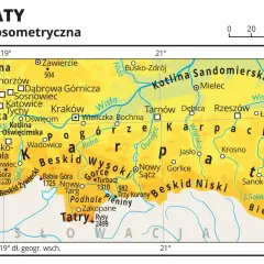 Mapa hipsometryczna Karpat. Widać tu m.in. Tatry, Beskidy, Bieszczady, a także miasta takie jak Kraków, Rzeszów i Zakopane. Gdzie jest Podhale? Widać je zaznaczone w okolicach Tatr.