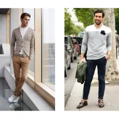 Un look homme bureau chic : un cardigan beige sur un t-shirt blanc et un pantalon camel pour le premier, un pull gris et un pantalon bleu marine pour le second.