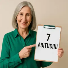 Donna sorridente con capelli grigi mostra un foglio con scritto "7 ABITUDINI". 50 anni e non sentirli, con saggezza e vitalità.
