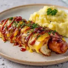 En saftig falukorv i airfryer, inlindad i ost och bacon, toppad med BBQ-sås och persilja. Serveras med krämigt potatismos.