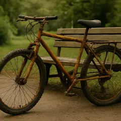 Zardzewiały rower obok ławki w parku. Zastanawiasz się, co zrobić ze starym rowerem? Może czas na renowację lub recykling?