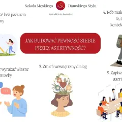 Grafika pokazuje 5 kroków do budowania pewności siebie przez asertywność: stawianie granic, wyrażanie potrzeb, zmiana dialogu wewnętrznego, konsekwencja i kurs asertywności.