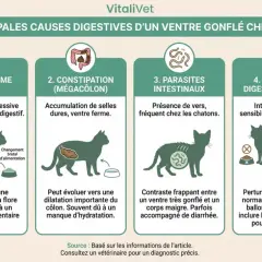 Infographie expliquant les causes d'un ventre gonflé chez le chat : gaz, constipation, parasites, ou troubles digestifs. Une tumeur peut aussi en être la cause.