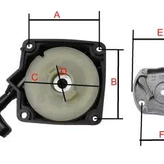 Szarpak do kosy spalinowej z uchwytem i mechanizmem zwrotnym. Wymiary części oznaczone literami A, B, C, D, E, F.