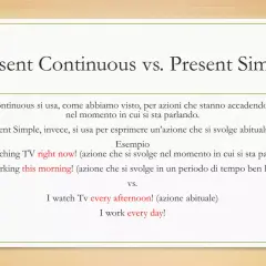 Spiegazione della differenza tra present continuous e present simple con esempi: azioni in corso vs. abitudini.