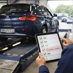 Un technicien vérifie une liste sur une tablette, avec une voiture sur un pont élévateur. La case "Contre-visite" est cochée.