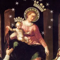 Matka Boska z Dzieciątkiem i świętymi, trzymający różańce. Obraz przypomina o modlitwie nowenna pompejańska krok po kroku.