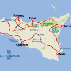 Mapa de Sicilia con ruta turística: Palermo, Cefalú, Taormina, Etna, Siracusa, Noto, Agrigento, Valle de los Templos, Marsala, Erice. ¡Ideal para visitar Sicilia!