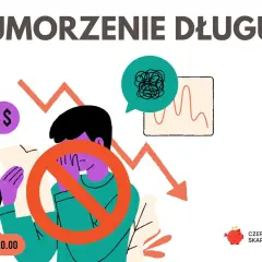 Osoba zmartwiona długami, symbol zakazu, wykresy i napis "UMORZENIE DŁUGU". Czas na rozwiązanie problemów finansowych.