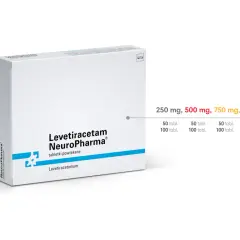 Opakowanie leku Levetiracetam NeuroPharma w tabletkach powlekanych, dostępne w dawkach 250 mg, 500 mg, 750 mg i 1000 mg.
