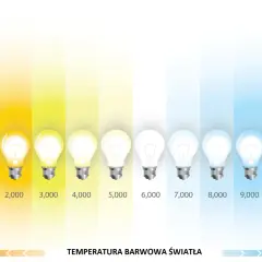 Wizualizacja pokazuje, jak zmienia się temperatura światła od ciepłej (pomarańczowej) do zimnej (niebieskiej), z żarówkami ilustrującymi różne stopnie.