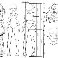 Zeichnungsvorlage: Anime-Figur mit Proportionen und Gesichtsaufteilung.