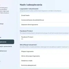Ustawienia konta Meta: Hasło i zabezpieczenia, w tym dwuskładnikowe uwierzytelnianie i Facebook Protect, chronią przed atakami typu brute force.