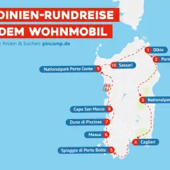 Sardinien-Rundreise mit dem Wohnmobil: Karte zeigt Route von Olbia über Sassari und Cagliari.