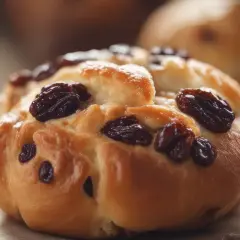 Puszyste bułeczki z rodzynkami, idealne jako baza do ciasta drożdżowego. Przepis na nadzienie kakaowe do ciasta drożdżowego czeka!