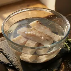 Trozo de bacalao sumergido en agua para desalar.