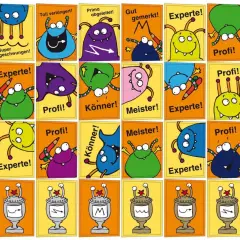 Bunte Monster-Symbole für die Grundschule: "Experte!", "Profi!", "Meister!", "Könner!" und mehr.
