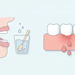 Ilustración de boca y dientes con encías inflamadas y sangrantes, indicando una posible infeccion encias. A la izquierda, un vaso con agua y cuchara.