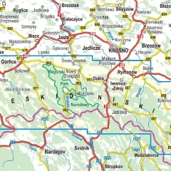 Beskid Niski atrakcje: mapa z zaznaczonym Magurskim Parkiem Narodowym, drogami i miejscowościami jak Gorlice, Krosno, Dukla, Iwonicz-Zdrój.