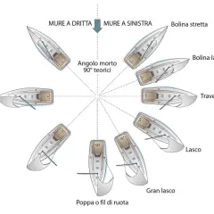 Diagramma che illustra le diverse andature di un'imbarcazione a vela, dal bolina stretta al gran lasco.