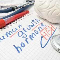 Czy hormon wzrostu jest sprzedawany w aptekach? Stetoskop, probówka i notatnik z napisem "Human growth hormone" sugerują medyczne zapytanie.