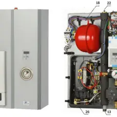 Montaż pieca elektrycznego. Widok zewnętrzny i wewnętrzny urządzenia z widocznymi elementami instalacji, pompą i manometrem.