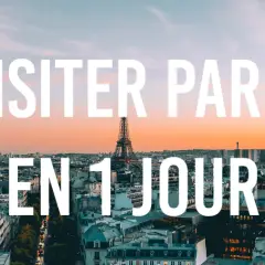 Vue panoramique de Paris au coucher du soleil, avec la Tour Eiffel et le texte "Visiter Paris en 1 jour". Idéal pour un jour de l'an à Paris.