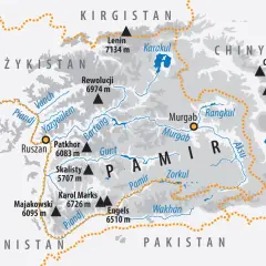 Mapa Gór Pamir z zaznaczonymi szczytami (Lenin 7134 m, Kongur 7719 m) i rzekami (Piandj, Bartang).