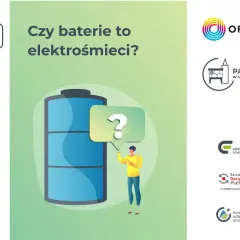 Grafika pyta: "Czy baterie to elektrośmieci?". Człowiek z żółtą bluzą wskazuje na znak zapytania obok wielkiej baterii.