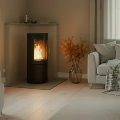 Mysig vardagsrumsmiljö med en modern eldstad utan skorsten som sprider värme. En soffa, fåtölj och ett runt bord skapar en inbjudande plats.