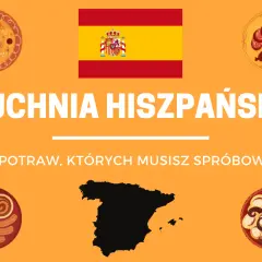 Grafika z flagą Hiszpanii, mapą kraju i ilustracjami potraw: paella, churros, chorizo, ośmiornica.
