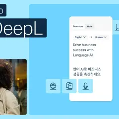 Kobieta z telefonem w ręku korzysta z translatora DeepL, który tłumaczy tekst z angielskiego na koreański, pomagając w rozwoju biznesu.