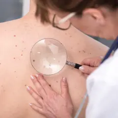 Dermatolog bada liczne znamiona na plecach pacjenta za pomocą lupy.