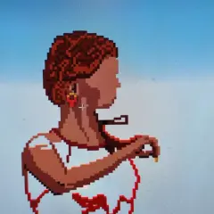 Retrato de mujer en dibujos pixel art, con cabello rizado y aretes rojos, sosteniendo un objeto dorado.