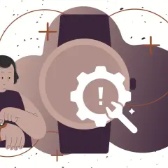 Osoba sprawdza swój smartwatch, który sygnalizuje problem. Ikona koła zębatego i wykrzyknika sugeruje potrzebę naprawy lub konfiguracji smart connect.