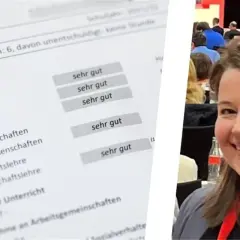 Ein Zeugnis mit "sehr gut" in allen Fächern, das die Erfolge digital festhält. Eine lächelnde Frau im Vordergrund.