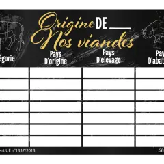 Tableau pour tracer l'origine de nos viandes, avec des sections pour la catégorie, le pays d'origine, d'élevage et d'abattage. Idéal pour la viande origine France.