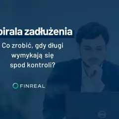Mężczyzna zamyślony nad laptopem. Grafika informuje o spirali zadłużenia i oferuje pomoc w spłacie chwilówek.