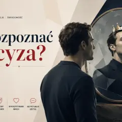 Mężczyzna w lustrze widzi siebie w koronie, symbolizując narcyzm wrażliwy. Obraz sugeruje, że za fasadą wyższości kryje się kruchość.