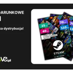 Karty podarunkowe Steam o różnych nominałach, logo Steam i muve.pl.