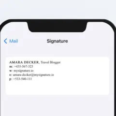 Signature mail iPhone : Amara Decker, blogueuse voyage, ses coordonnées s'affichent.