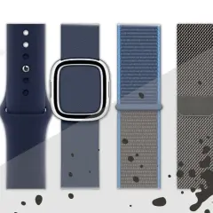 Verschiedene Apple Watch Armbänder in Blau- und Grautönen, bereit für das apple watch armband reinigen. Glänzende Sterne deuten auf Sauberkeit hin.