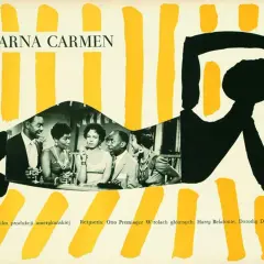 Plakat filmowy "Czarna Carmen" w stylu polskiej szkoły plakatu. Stylizowane czarne postacie na tle żółtych pasów, z fragmentem czarno-białego zdjęcia aktorów.