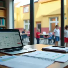 Laptop z wykresem na ekranie, notatki i książki. W tle dzieci na dziedzińcu. Czy to podpowiedź, ile zarabia psycholog?