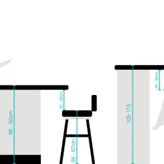 Schemat pokazuje ergonomiczne wymiary blatu w kuchni i baru. Idealna wysokość blatu dla stojącej osoby to 86-92 cm, a dla siedzącej 105-115 cm.