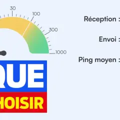Test de débit fibre optique : réception 217,5 Mb/s, envoi 188,5 Mb/s, ping moyen 39 ms. Logo "Que Choisir".