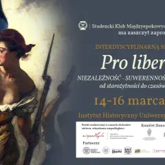 Kobieta z flagą, symbol wolności, na plakacie sesji naukowej "Pro libertate! Wolność to znaczy niepodległość".