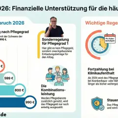 Die Pflegegeld Tabelle 2026 zeigt monatliche Auszahlungen von 0 € bis 990 € je nach Pflegegrad. Sonderregelungen für Pflegegrad 1.